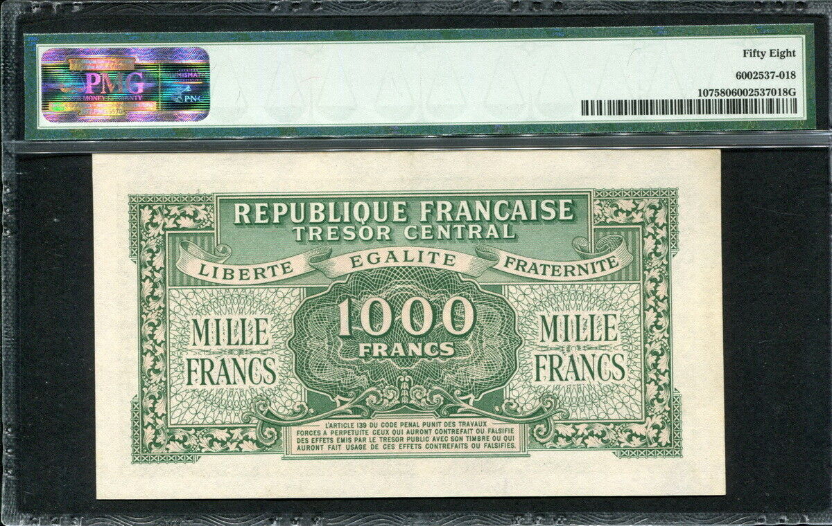 프랑스 France 1944, 1000 Francs, P107, PMG 58 AUNC 준미사용
